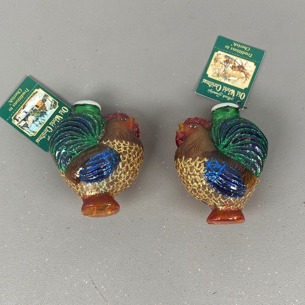 2 Old World Christmas Rooster Chicken Holiday Light Covers Glass Bird Animal